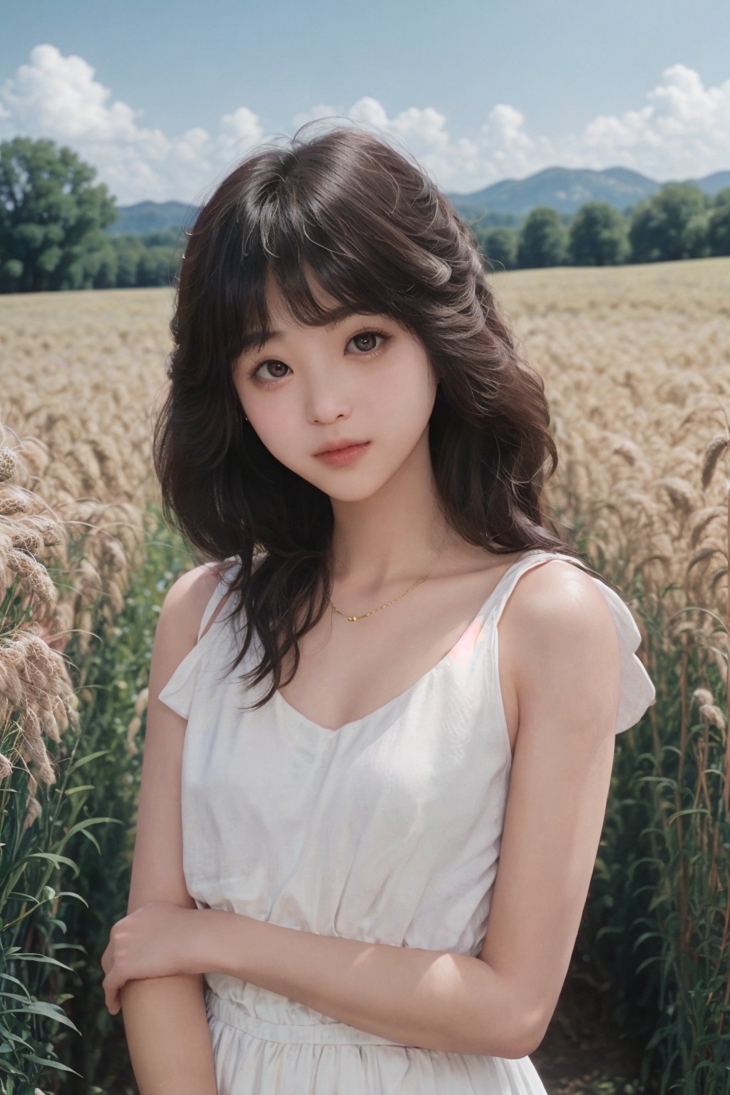 1girl,  standing in a rustic farm setting. She has a soft,  gentle smile and expressive eyes. The background features a ch...