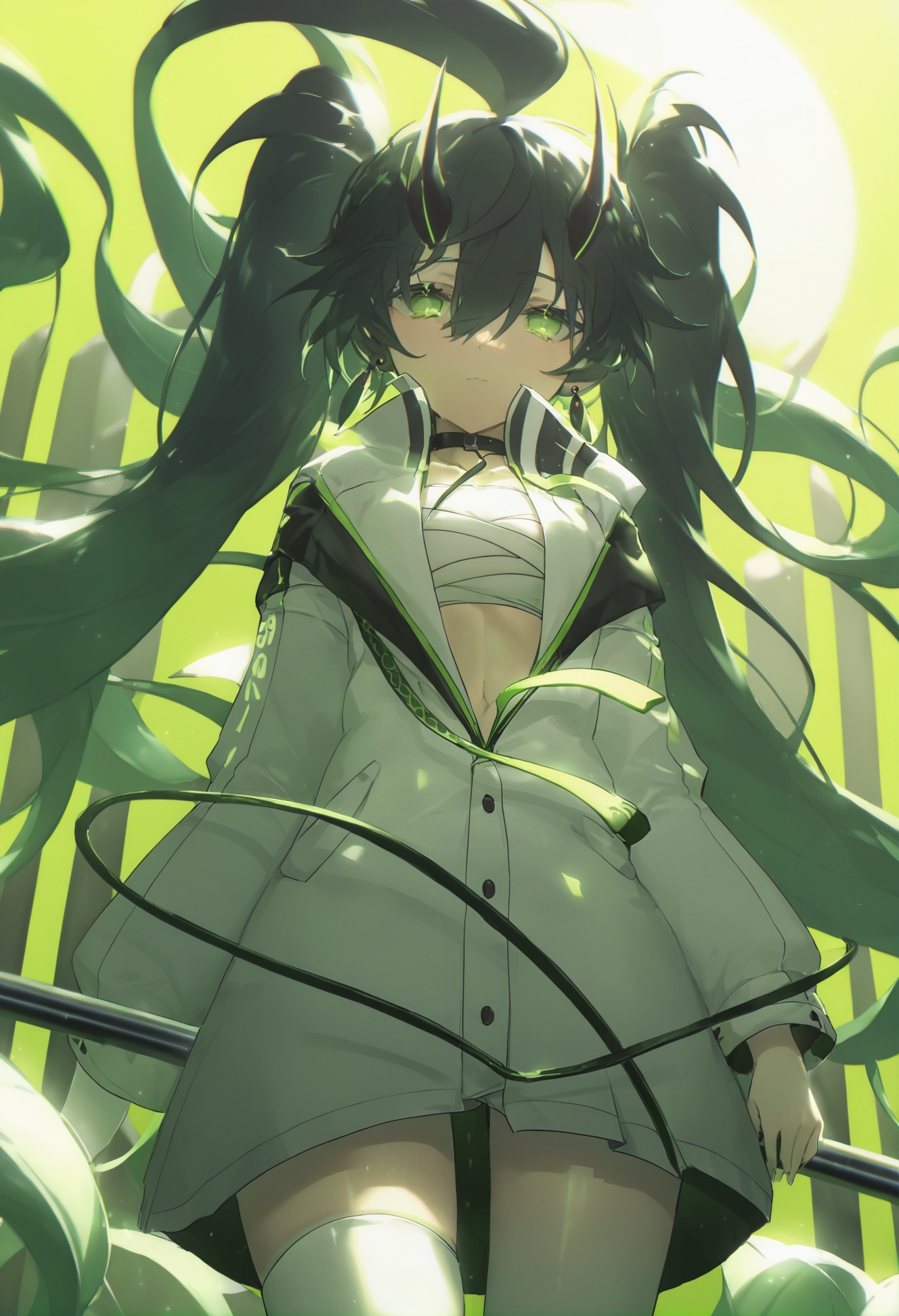masterpiece,best quality, score_9,score_8,score_7_up,score_6_up,1girl, solo, long hair, green eyes, twintails, sarashi, horns, looking at viewer, hair between eyes, earrings, very long hair, long sleeves, black hair, jewelry <lora:konyakarasueXLlokr4f-000140:0.95>