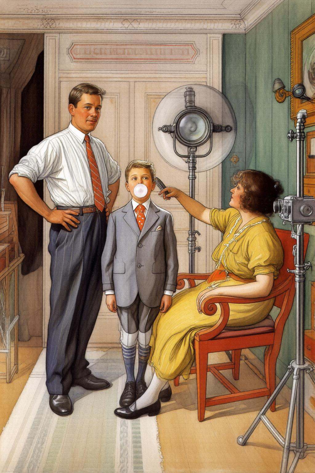 carllarsson2q painting.kard1.A family photo session. The scene includes a father standing casually with a hand on his hip,...