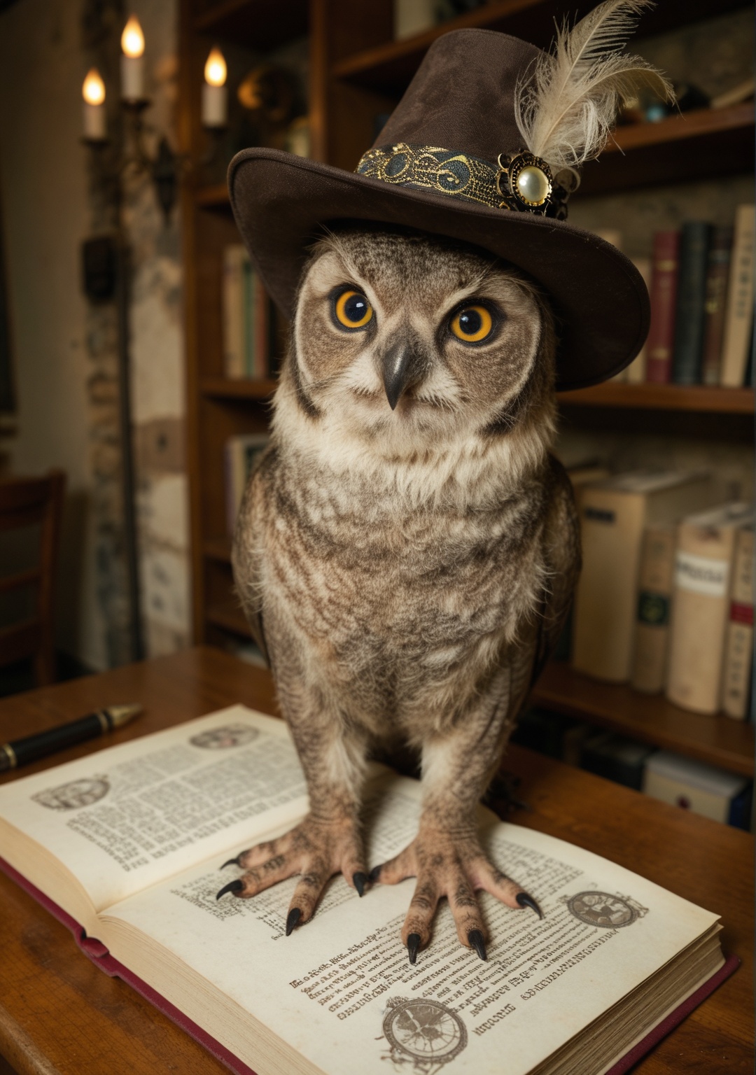 A regal owl wearing a tiny steampunk hat,  perched on a weathered book in a candle-lit study filled with mysterious scroll...