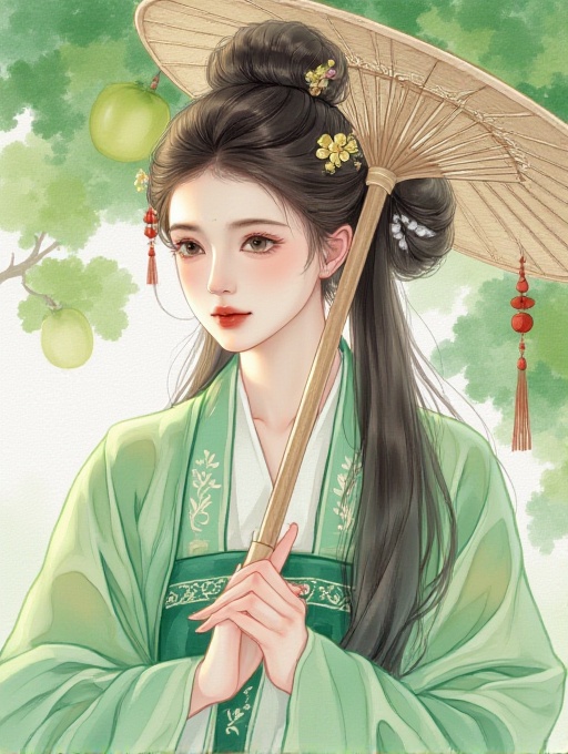 A girl in ancient costume,wearing green Hanfu,holding an oil-paper umbrella with her hands,wearing a hairpin,long hair,hair_bun,loquat tree,