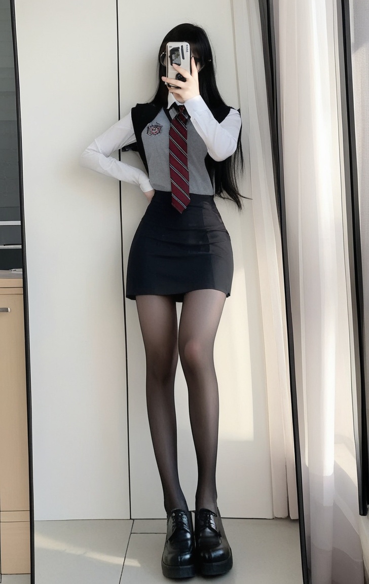 killer,1girl,selfie,solo,phone,pantyhose,skirt,necktie,black hair,pencil skirt,long hair,cosplay photo,legs,shoes,mirror,school uniform,cosplay,mask,long sleeves,miniskirt,hand on hip,taking picture,uniform,standing,shirt,glasses,reflection,sheer legwear,full body,camera,real life,holding,tekken,striped,knees,vest,identity censor,indoors,office lady,black skirt,black eyes,thighs,bare legs,striped necktie,dress shirt,curtains,<lora:killer性感黑丝网红美女v1.0:0.75>,black pantyhose,