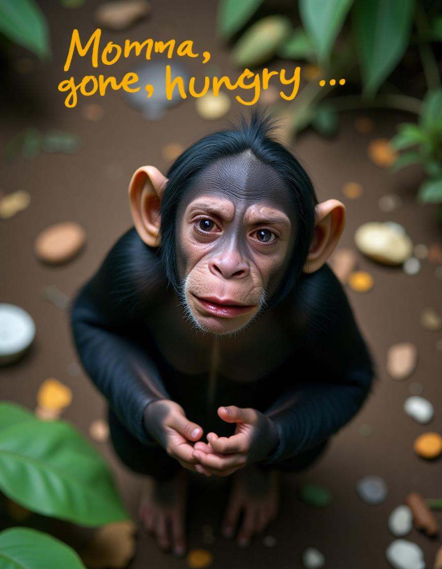 photo is taken from above. ((with yellow text: "Momma gone,  hungry...")). In a rainforest cluttered with a lot of trash,...