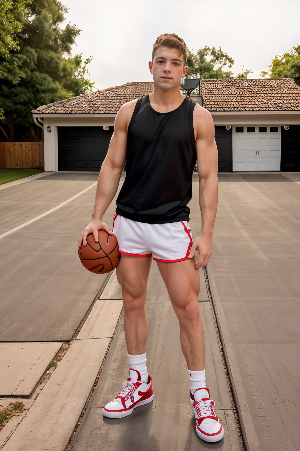large driveway,  garage with garage door in the background,  (basketball hoop) on Tensor.Art