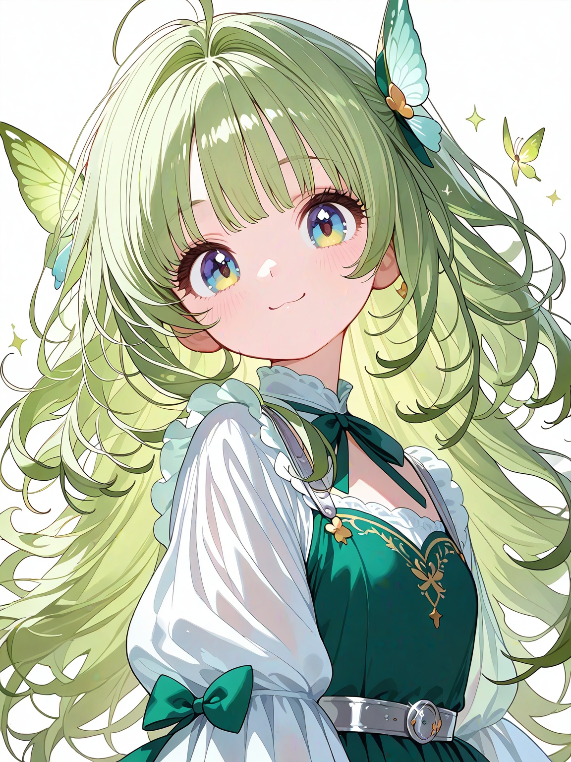 MBFG,  An enchanting anime-style drawing highlights a precious girl with emerald-green hair styled in bouncy curls,  weari...