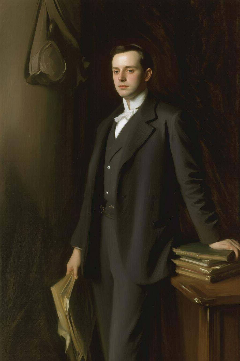 johnsingersargent6q painting.A young man in a dark suit,  a white shirt,  and a yellow vest stands next to a wooden desk o...