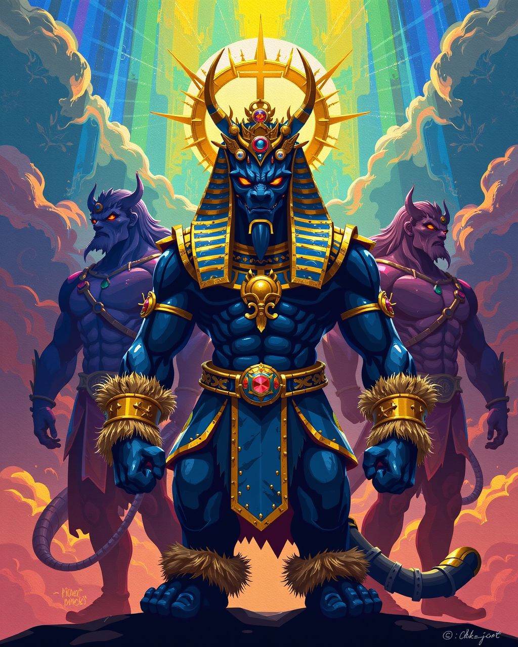 digital art,  muscular characters,  medium wide shot of a Holy Navy and Gold with Fur-Trimmed parts on Tensor.Art