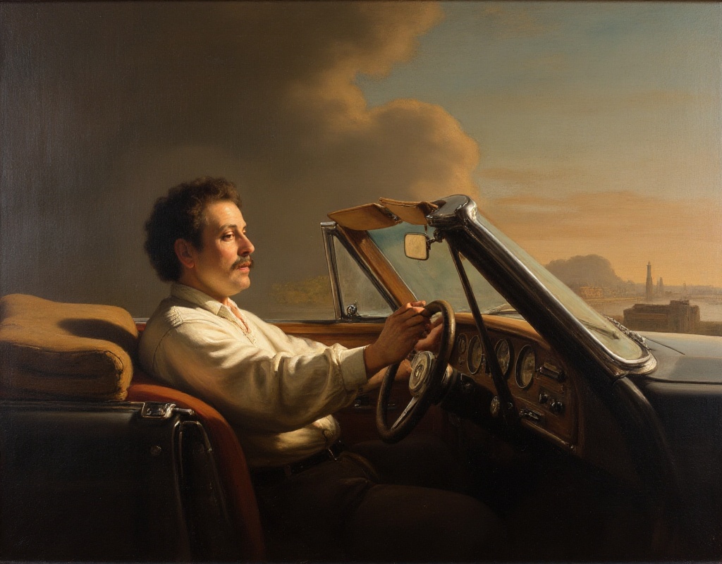 rembrandt style,  painting. a man driving a convertible on Tensor.Art