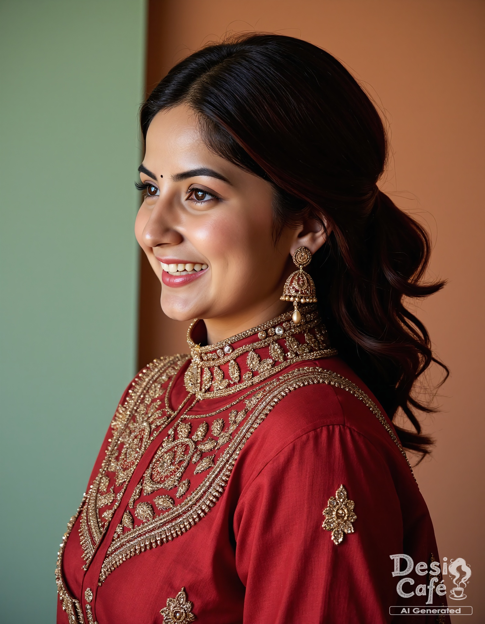 side view photo of Kashmira Pardeshi woman,  hyper realistic photo that is safe for work,  laughing on Tensor.Art