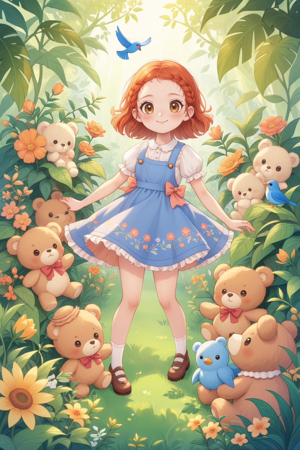 The image is an illustration of a young girl with red hair and big,round eyes. She is standing in a garden with various plants and flowers surrounding her. The girl is wearing a blue dress with a white collar and has a pink bow in her hair. She has a big smile on her face and is looking directly at the viewer.,The background is filled with orange and yellow flowers and leaves,and there are several small animals scattered around her,including a teddy bear and a bird. The overall mood of the image is cheerful and whimsical.,