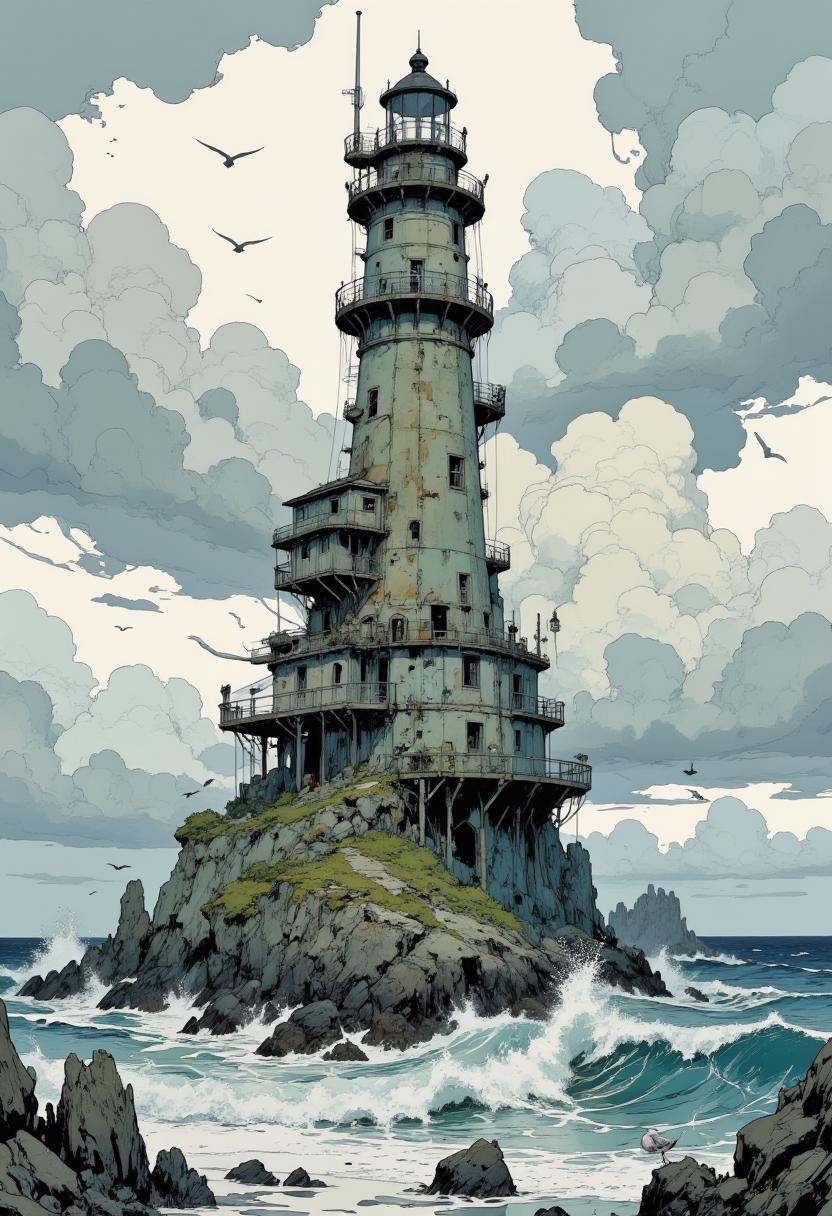 A multi-tiered lighthouse built on a rugged,  rocky island. The lighthouse is made of weathered stone,  with multiple leve...