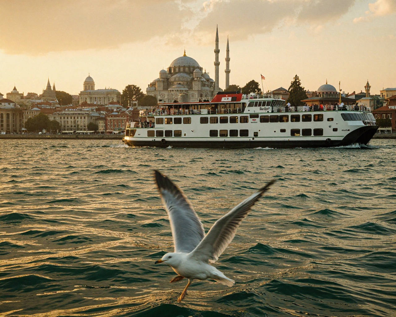 This is a photograph capturing a serene waterfront scene during the golden hour,  characterized by a warm,  soft on Tensor...