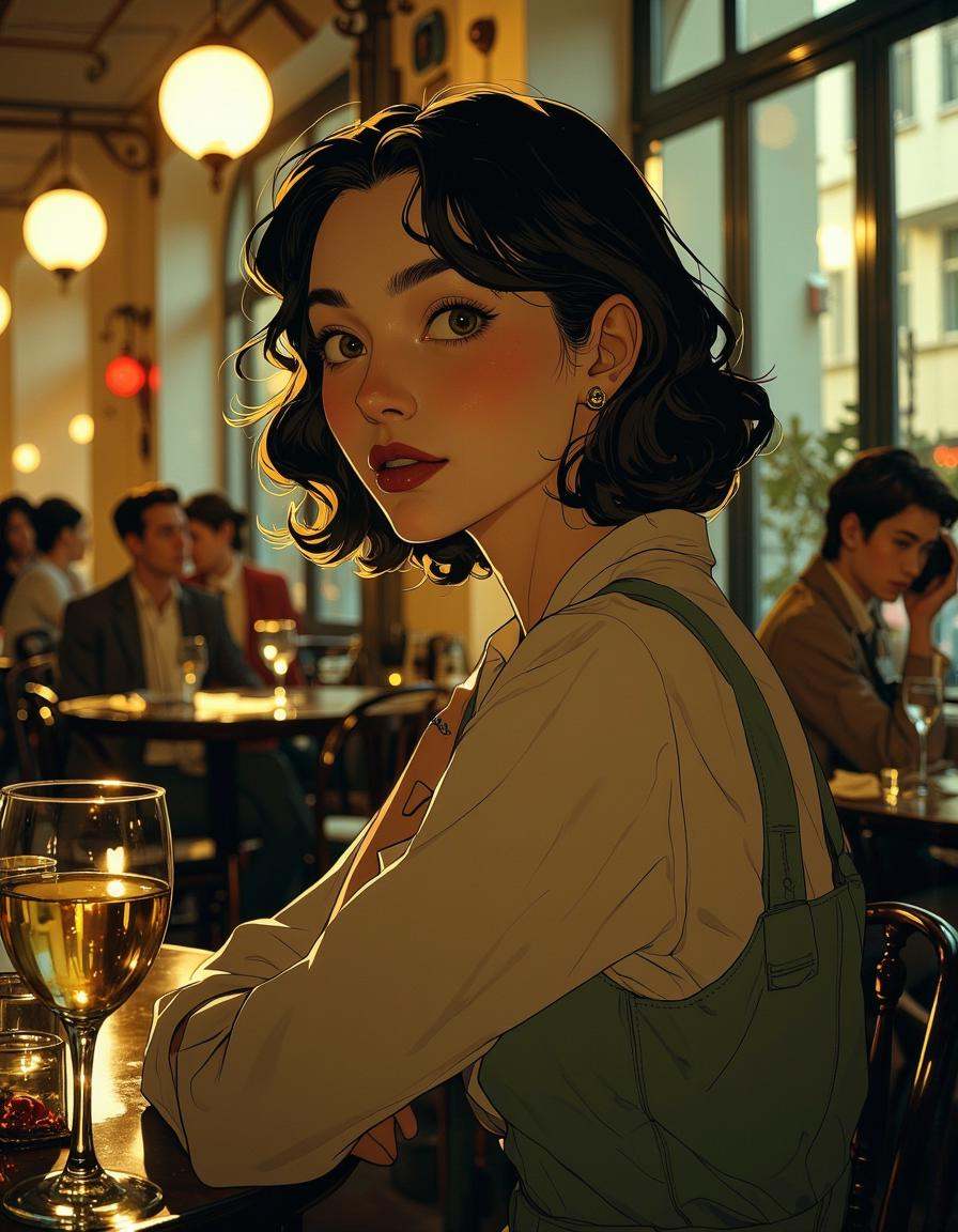 Anime art. A woman sitting at a table with a glass of wine in front of her. She has a human face and is surrounded by a gr...