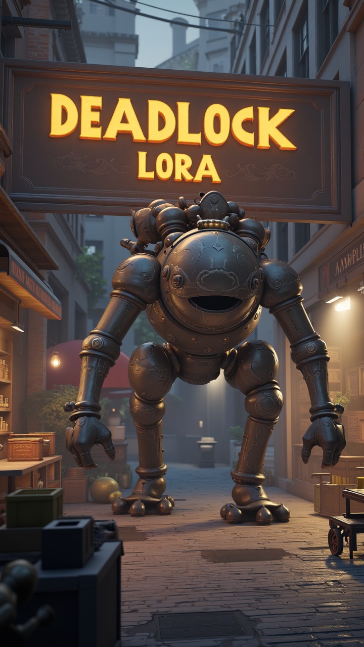 A huge sign with Text:"Deadlock Lora",  A towering walker smashes through breakables in a dark shop to uncover hidden trea...