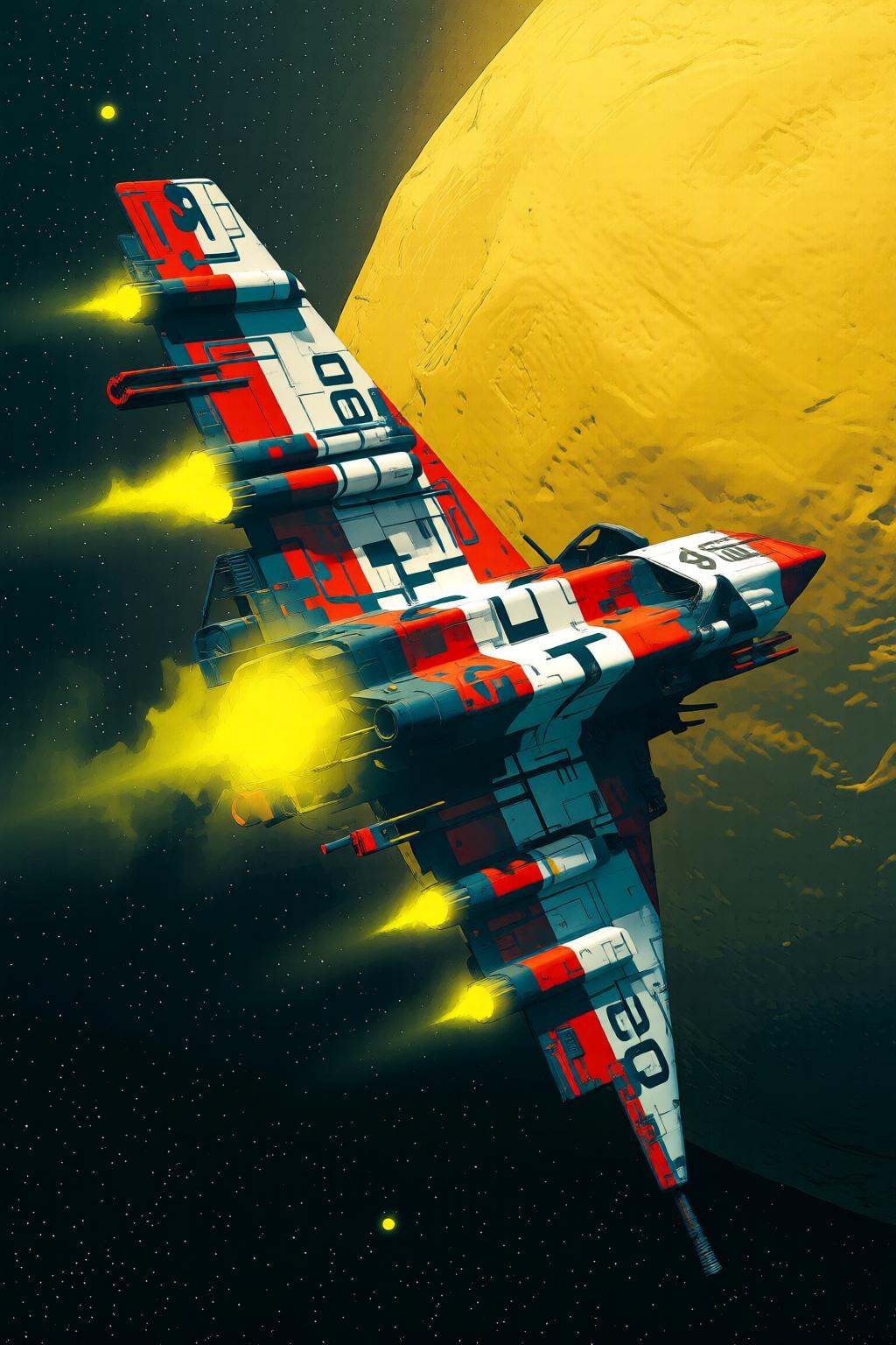 pascalblanche2q illustration. A futuristic spacecraft is positioned in space,  with a large yellow moon in the background....