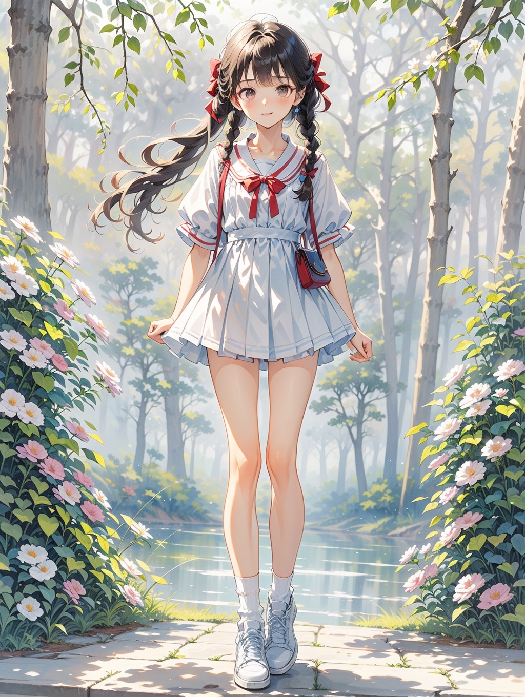 1girl, solo, socks, long hair, dress, braid, brown hair, flower, looking at viewer, twin braids, shoes, short sleeves, white footwear, smile, full body, white socks, bangs, ribbon, hair ornament, white dress, twintails, standing, bow, sneakers, closed mouth, puffy sleeves, puffy short sleeves, hair ribbon, blush, collared dress, brown eyes, pleated dress, skirt, hair flower, sailor collar, branch, hair bow
