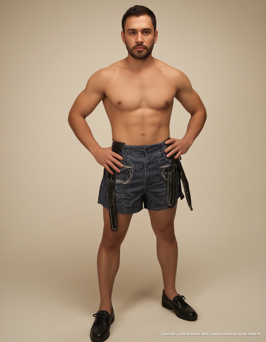 (score_9, score_8_up:1.3), score_7_up, raw, photo realistic, USABDSMLeather,1boy,aabs, beard, blue shorts, brown hair, dark skin, facial hair, hands on hips, large pectorals, nipples, old, pectorals, piercing, shoes, stomach, thick thighs,  <lora:FLUX.USABDSMLeather:1.1>