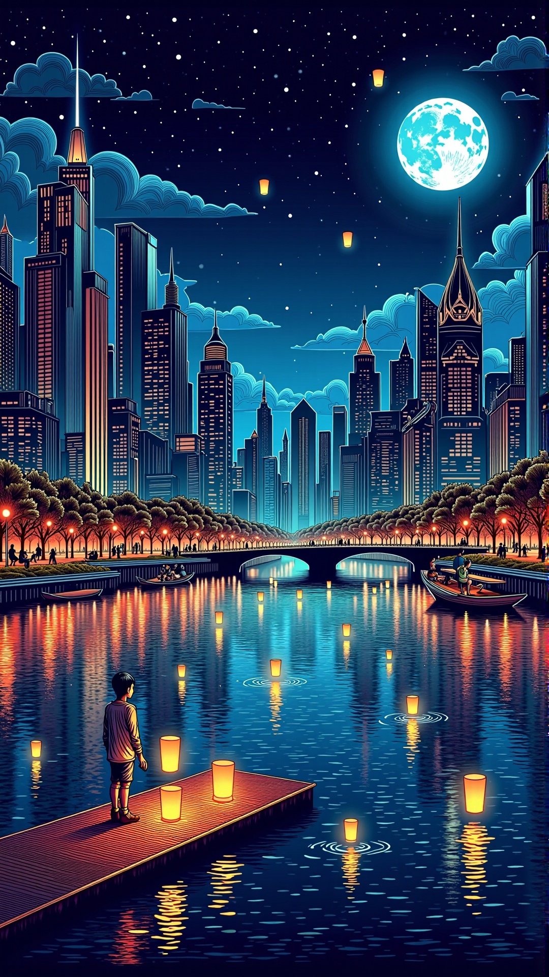 lineart,  colorful,  Midnight cityscape with a serene lake on Tensor.Art