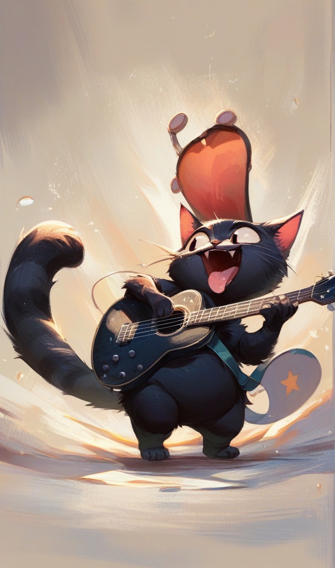guitar,instrument,no humans,little cat,fat cat,electric guitar,tongue,white background,animal focus,tongue out,simple background,open mouth,holding instrument,solo,black cat,full body,dark tone,score_9,score_8_up,score_7_up,intricate details,solo,<lora:cute cat:0.7>,