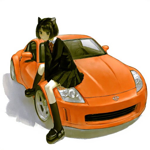 vinneart_style,  A digital illustration of a young girl with short black hair and cat ears,  sitting on the open door of a...