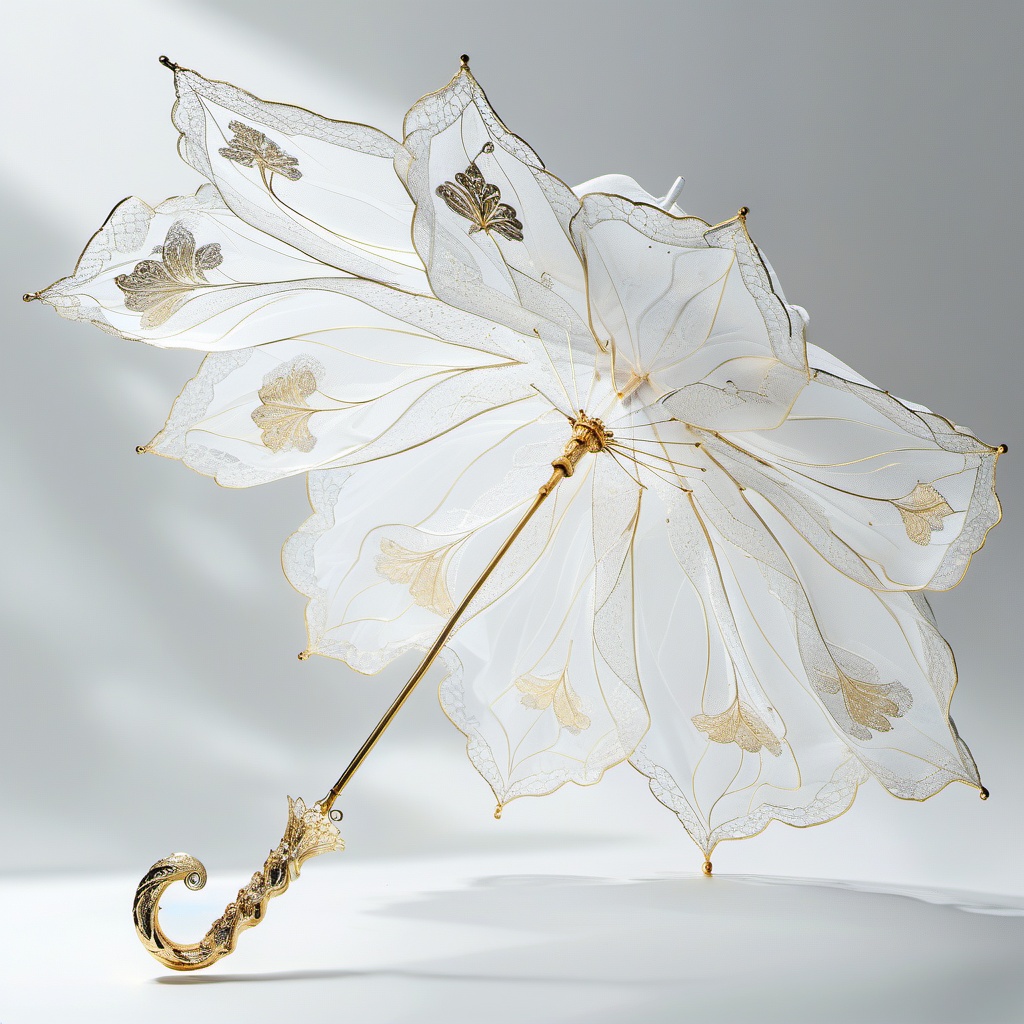 san, umbrella,A fancy, see-through white parasol with gold floral designs and a golden handle sits against a soft, light grey backdrop. The parasol's petals are slightly open, showing off the intricate, lace-like patterns. The handle is swanky, with a spiral curl at the end. The whole thing is lit up softly, highlighting the parasol's delicate textures and classy vibe.,<lora:sanv1:0.8>