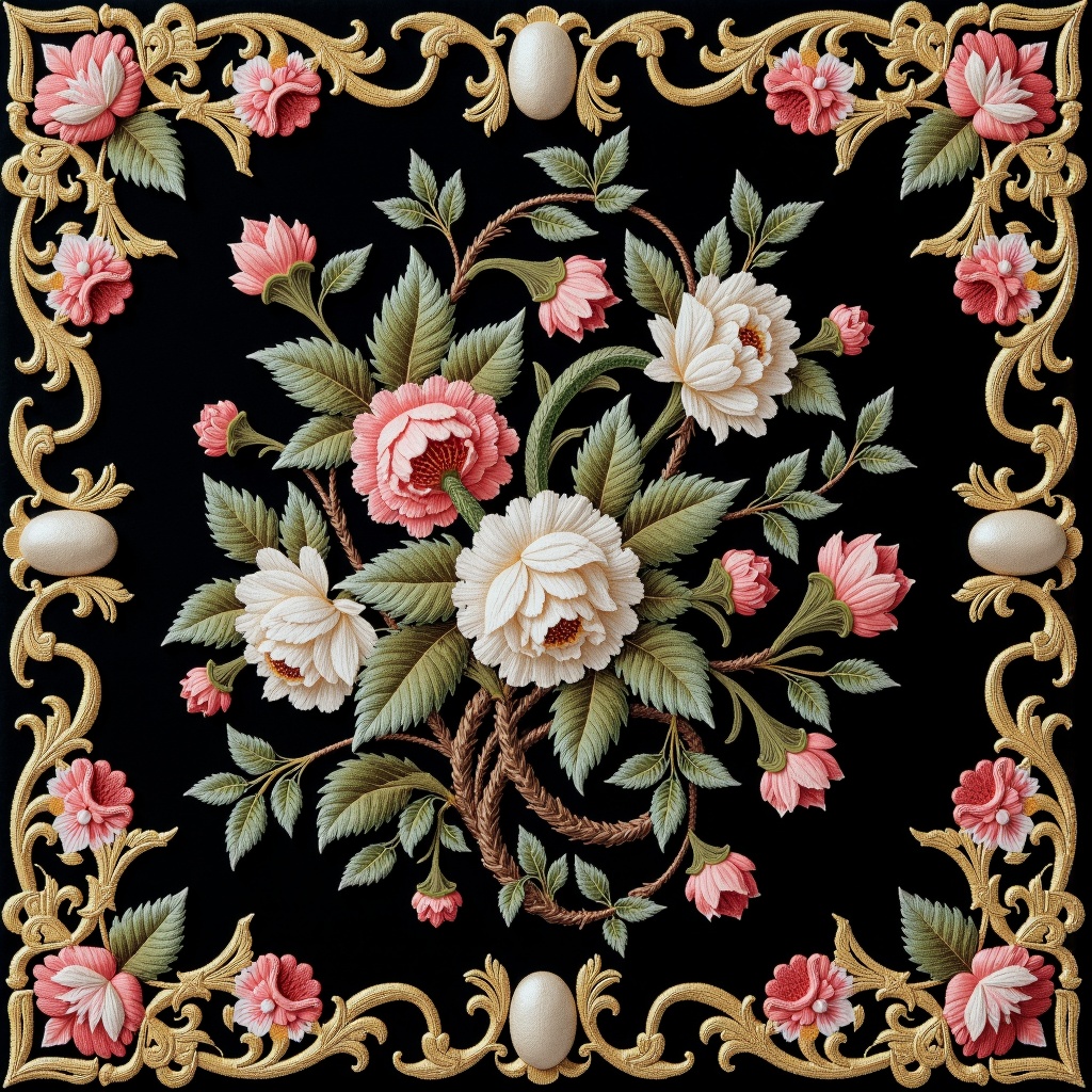 embroidery,there is a picture of a bird and flowers on a black background,floral embroidery,victorian textiles,embroidered brocade,fabric embroidery,luxury journal cover,baroque cloth,highly detailed pattern,panel of black,8k fabric texture details,flowers. baroque elements,baroque wallpaper,intricate dark background,flower motif,ornate background,fine foliage lace,black rococo,ornate decorative background,inside stylized border,1 8 th century spring ornaments,decorative border,beaded embroidery,baroque frame border,background **** of big curtains,detailed lacework,directoire style,very detailed black feathers,filigree border,jewel embellishment,extremely intricate high detail,chinoiserie pattern,richly detailed colored,ornamental edges,