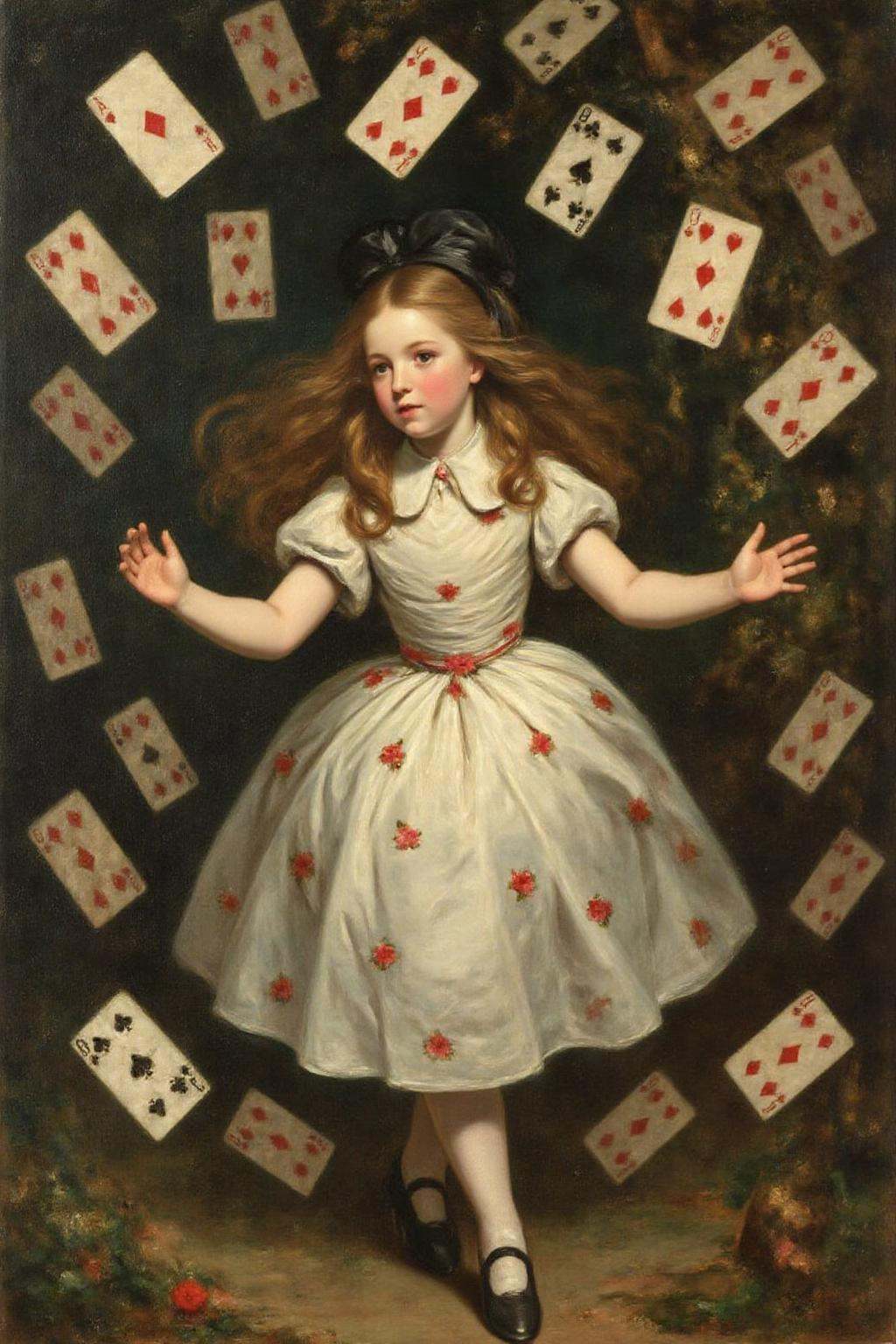 jore1 painting. A scene from "Alice's Adventures in Wonderland." The central figure is a young girl,  Alice,  with long on...