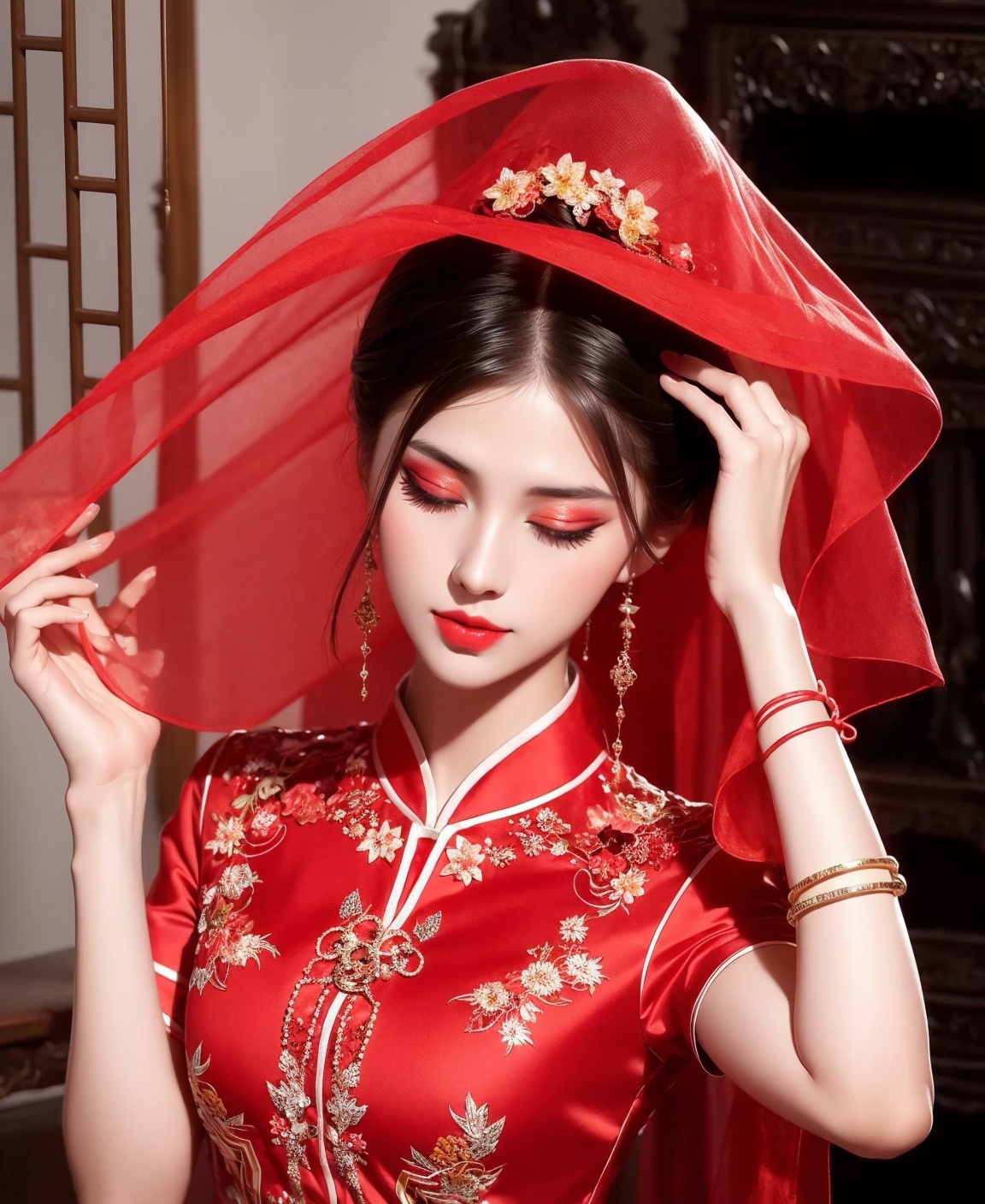 1 girl, Diamond earrings ,,, Moisturizing red lips，Heavy makeup eye shadow，with heavy makeup, hair ornament, flower, , black hair, closed eyes, ,, , hair bun, ,，transparent，embroidery，jewelry, , , bracelet,，solo，，red dress，Colorful Wisteria Garden ，veil，A red veil covering the head，Upper half photo，，close-up ， <lora:红盖头1.3:1>