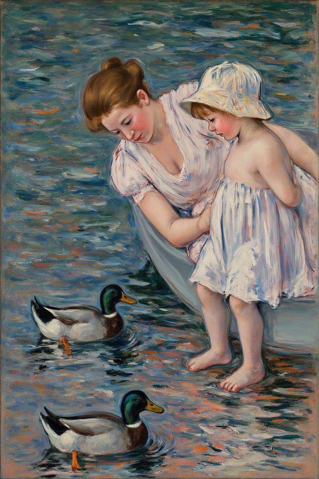 marycassatt1 painting.A sunny lakeside scene of a woman and a young girl on a boat. In the foreground,  a serene water sur...