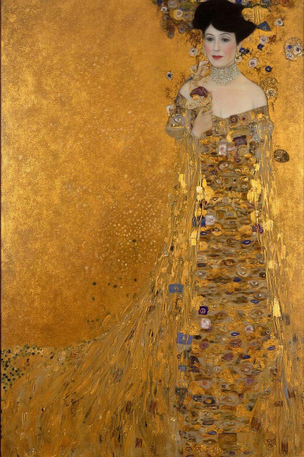 kl1mt painting.A woman standing in a flowing,  elaborate golden dress. She has a serene,  contemplative expression on Tens...