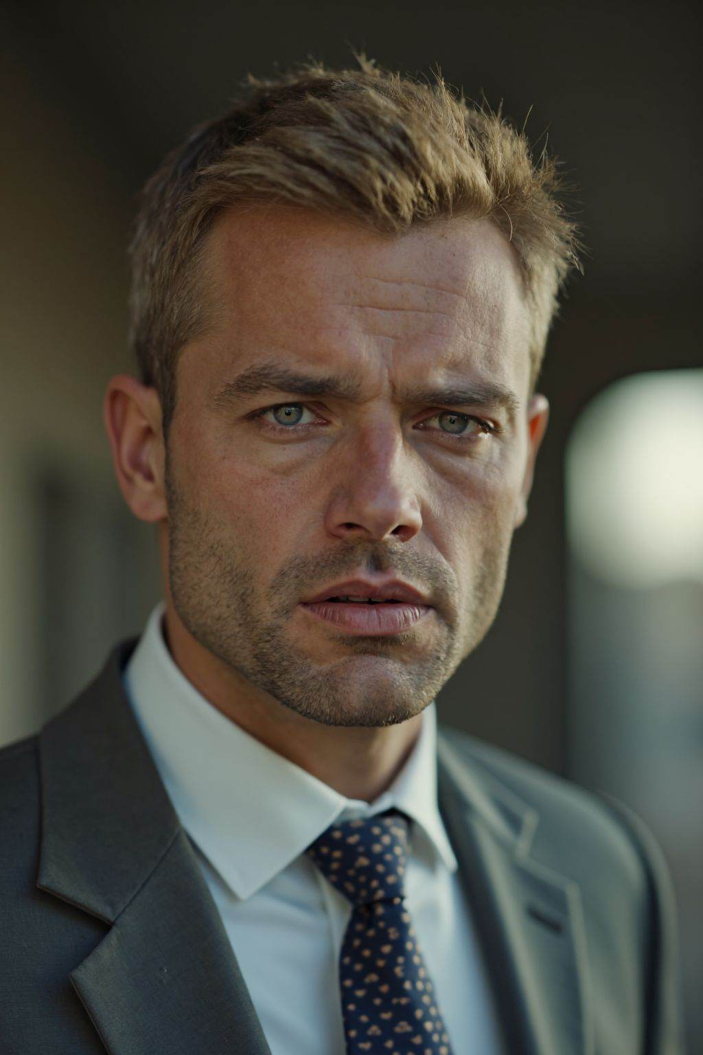 HDR photo of cinematic film still,  This is a photo of a man with short blond hair. He is wearing a gray suit,  with his m...