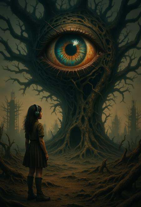 Intricate and atmospheric image of a girl with headphones standing in a post- apocalyptic landscape with a giant eye embed...