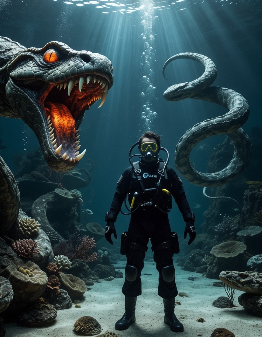 Small floating diver infront of a Massive snake serpent with Fangs and Glowing eyes,  Undersea Depths,  Air bubbles on Ten...