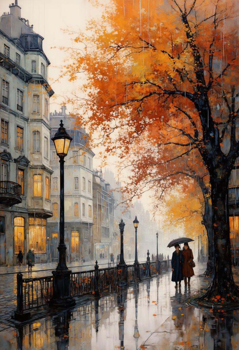 This image is a digital painting with a vibrant,  impressionistic style depicting a serene,  autumnal street scene. The sc...