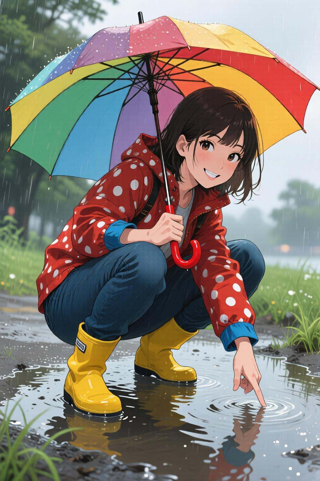 nijidigital3q anime illustration.A young woman,  angled from slightly above and to the right,  crouching low to the ground...