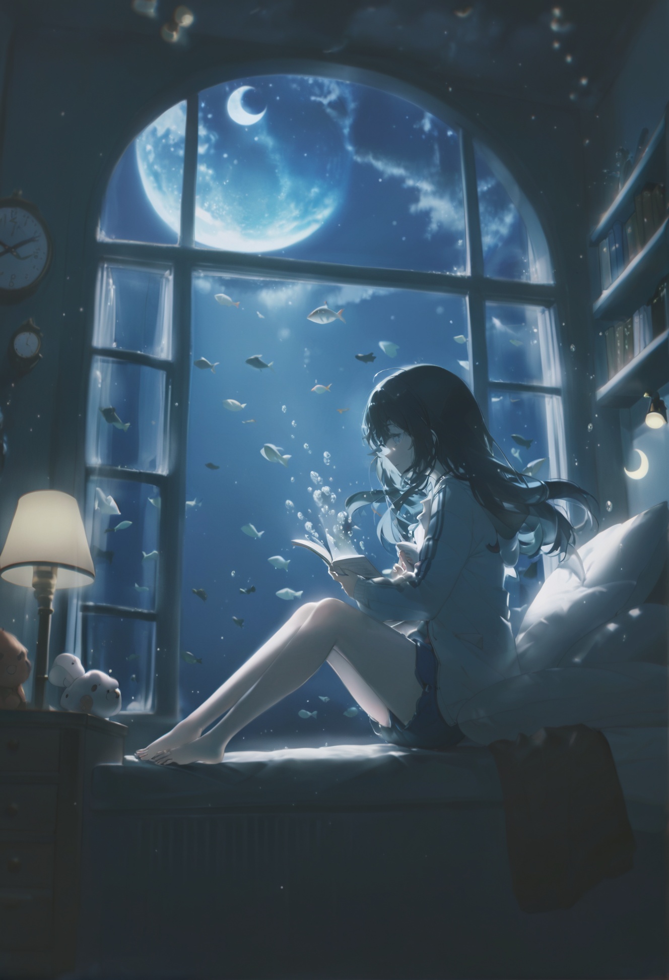 masterpiece,best quality, score_9,score_8,score_7_up,score_6_up,1girl, stuffed toy, stuffed animal, teddy bear, book, moon, bubble, bookshelf, bed, window, solo, crescent moon, bedroom, long hair, indoors, night, curtains, sitting, shorts, barefoot, black hair, fish, pillow, sky, blue theme, phone, on bed, shirt, star \(sky\), night sky, holding, bare legs, bag, shelf, lamp, underwater, cellphone, clock, smartphone, long sleeves, open book, jacket, open clothes, floating, scenery, air bubble, cloud, blue eyes, starry sky <lora:konyakarasueXLlokr4f-000140:0.95>