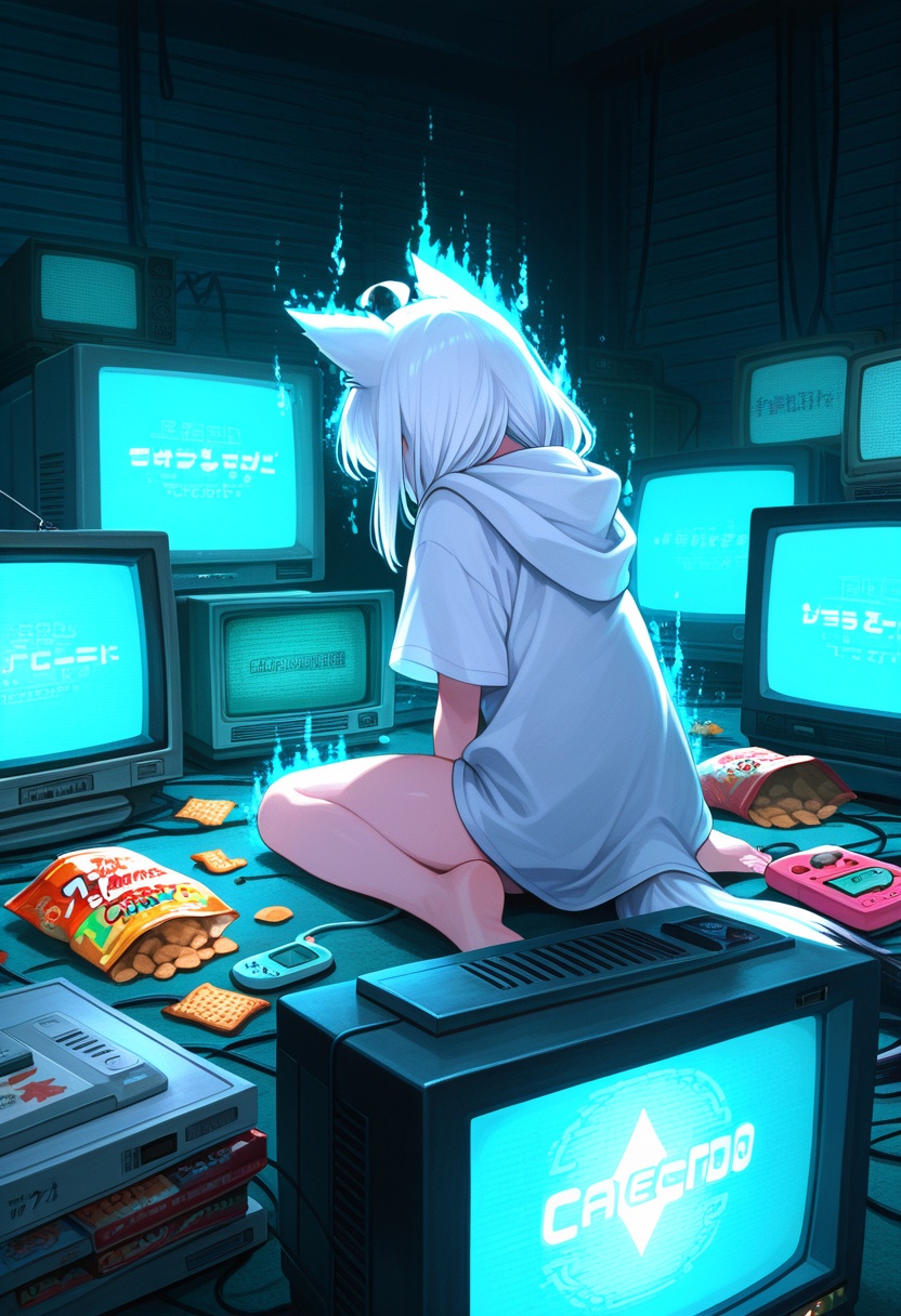1girl,  shirakami fubuki playing_retro_gameboy,  pixel_aura_glow on Tensor.Art