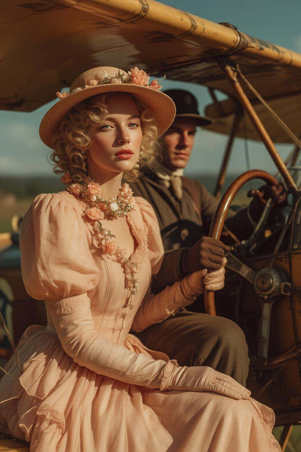 midjourneymix10q photograph. A romantic scene of a couple on a vintage biplane. The woman,  in the foreground,  is a styli...