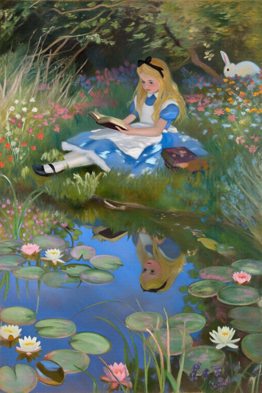 claudemonet2q painting. A serene and whimsical illustration of Alice from Alice in Wonderland sitting beside a tranquil po...