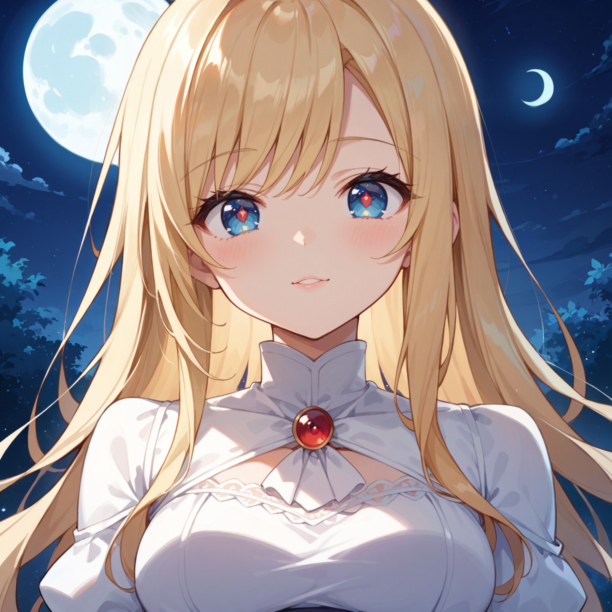 score_9,score_8_up,score_7_up,source_anime,32K,CG,clear skin,shiny hair,cute,kawaii,long hair,blonde hair,straight hair,blue eyes,(red pupils:1.2),medium breasts,dress,night,moon,close up,