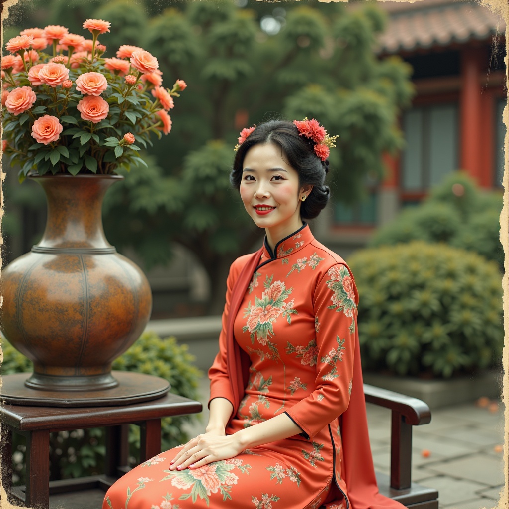there is a woman sitting on a bench with a vase of flowers,vintage technicolor film photo,vivid vintage coloring,traditional chinese clothing,ann long,chinese dress,cheongsam,1930s style clothing,wearing a red cheongsam,cinestill eastmancolor,8k artistic 1920s photography,palace,a girl in hanfu,vintage color photo,vintage color,color vintage,old color photograph,1940's photography,wearing ancient chinese clothes,traditional chinese,traditional photography,traditional chinese textures,qing dynasty,1930s film,vintage fashion,Zhang Shunzi,a colorized photo,Song Maojin,beautiful oriental woman,retro vintage and romanticism,a young asian woman,chinese woman,beautiful render of tang dynasty,chinese empress,