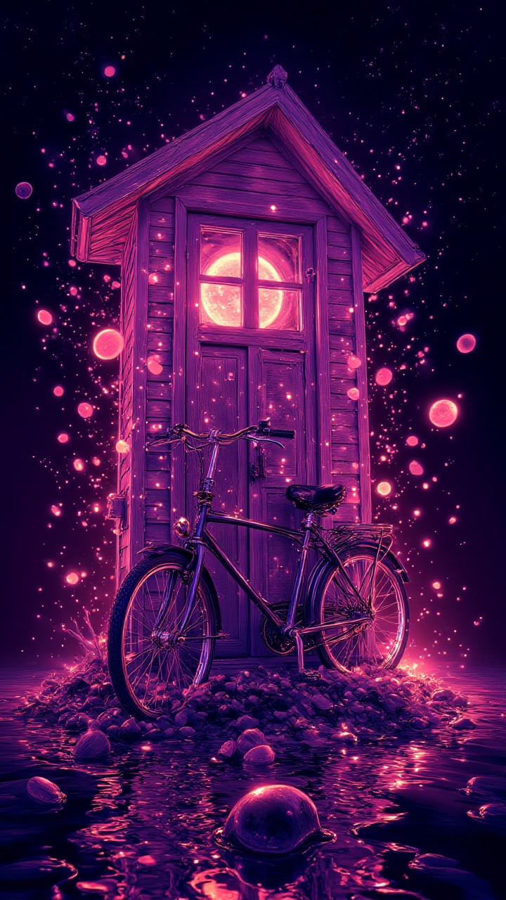 A cosmic scene of a [Outhouse|Bicycle] exploding in deep Blackberry,  with deep red Seashells and shockwaves ,  aidmaglow...