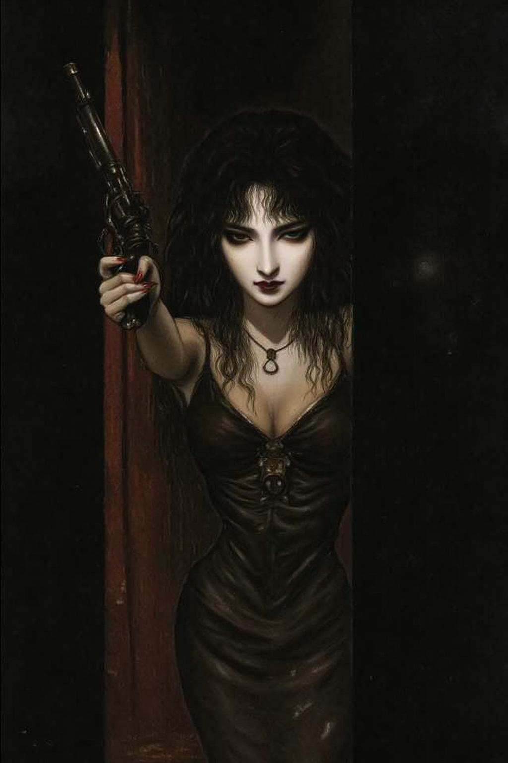 amayo illustration.a mysterious woman with dark,  wavy hair and piercing eyes stands in the shadows of a dimly lit room. S...