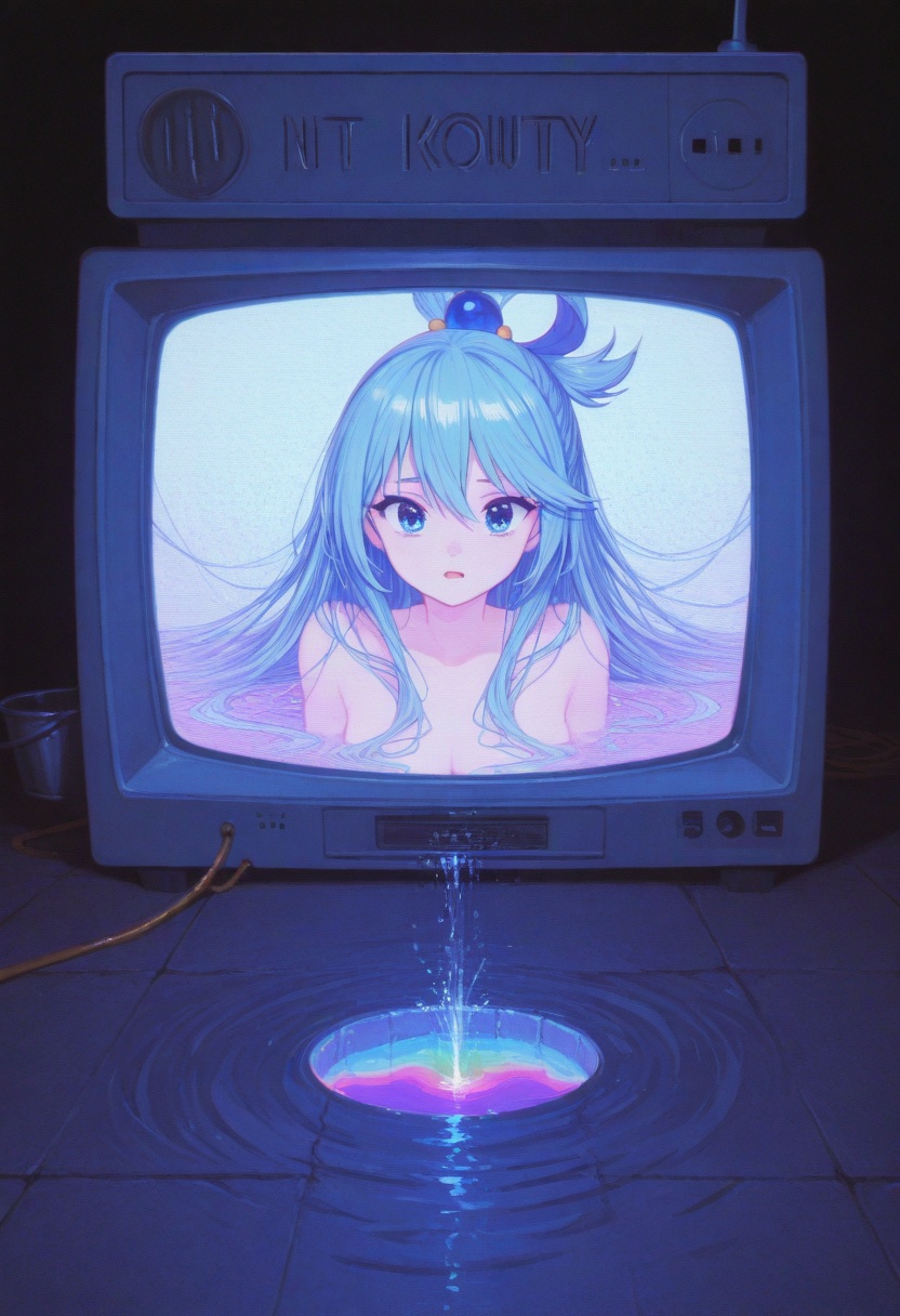 retro anime VHS glitch,  Aqua (Konosuba) frozen mid-scream with 3 cats tangled in her hair ribbons,  pixelated "WHYYYY" te...