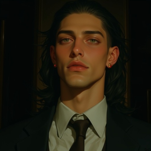 contemplative expression. His eyes are a striking hazel,  framing his piercing green eyes. His expression is contemplative...