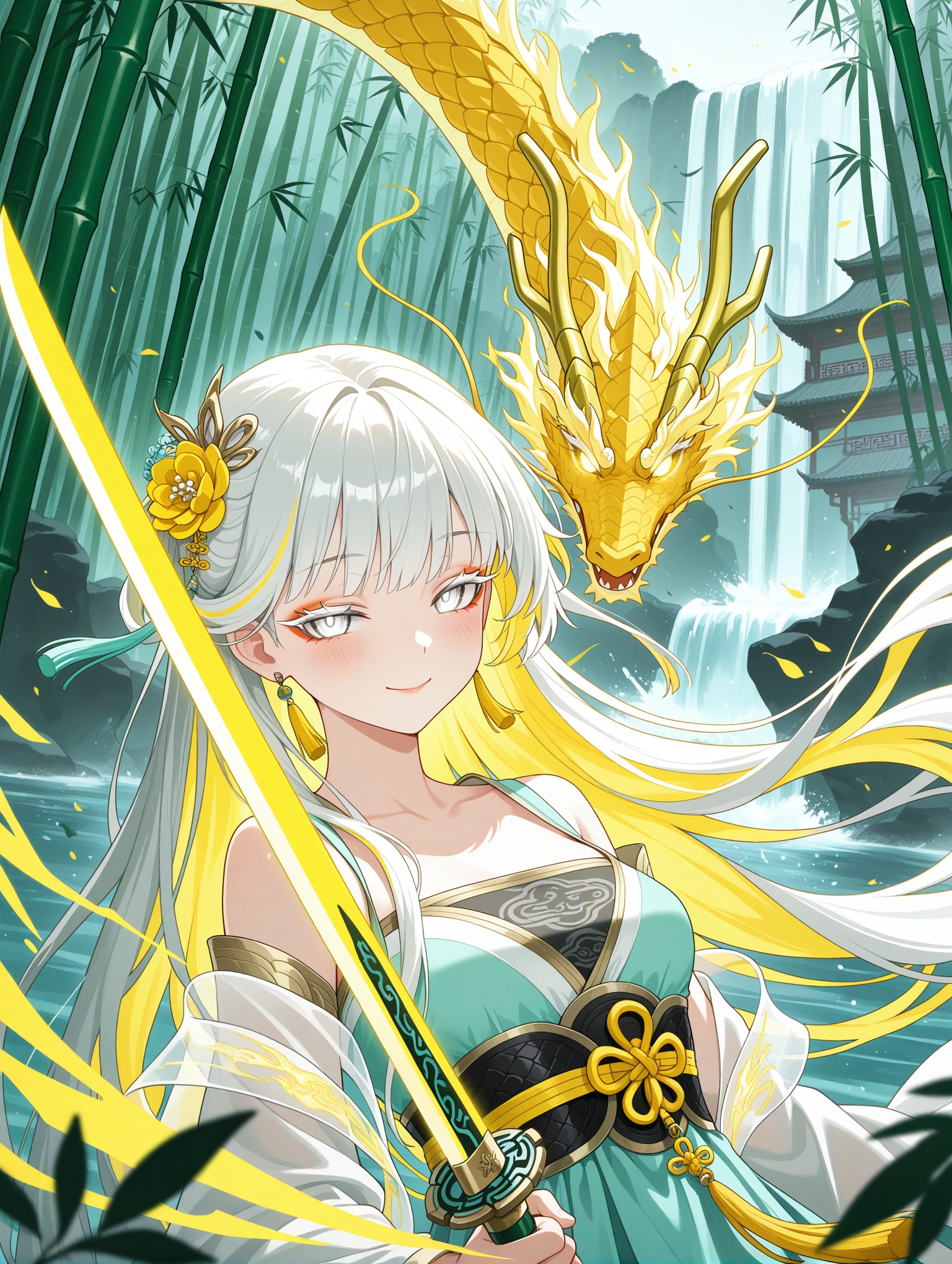 glowing eyes, streaked hair, glowing inner hair, glowing streaks, 1girl, jinhsi \(wuthering_waves\), white hair,blonde_eyes, large_breasts, (upper_body,close-up:1.4),Dynamic pose,ä¸²,((aqua and yellow:0.85) but Limited palette:1.2),//,Chinese architecture,Ink,hair flowers,bamboo forest,bamboo,//(long hair),small breasts,smile,((dragon)),Yellow lightning,(makeup,white eyeliner),white eyeshadow,white eyes,(long eyelashes),half-closed eyes,Dragon skirt,blush,holding sword,chinese sword,(dynamic angle:1.2),(hanfu:1.4),chinese clothes,transparent clothes,tassel,chinese knot,bare shoulders,kanzashi,draped silk,gold trim,wind,bokeh,scattered leaves,flying splashes,waterfall,splashed water,looking at viewer,                                         ,masterpiece,best quality,amazing quality,