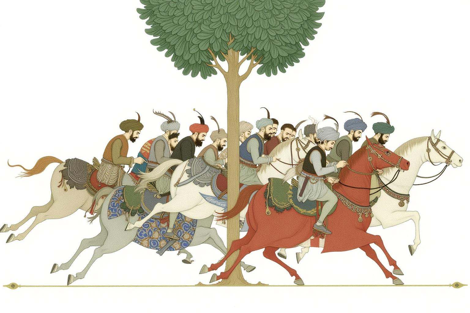 olgadugina1 illustration. A large group of warriors on horseback. They wear traditional Ottoman turbans and robes. The hor...
