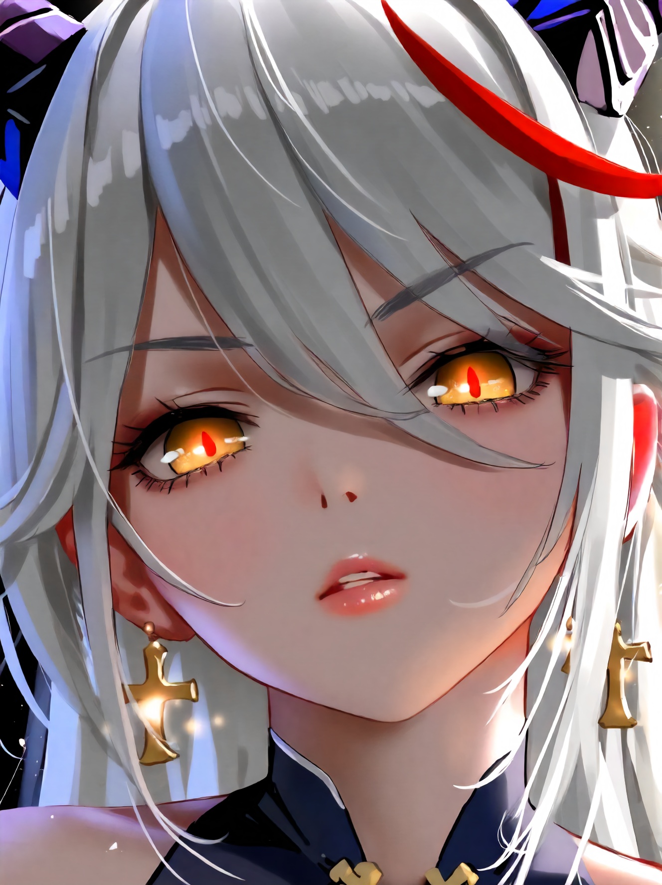 1girl, aegir \(azur lane\), azur lane, (kedama milk:0.9524), (wlop:1.05), (reoen:1.05), solo, (As109:0.907), depth of field, portrait, close-up, blurry, streaked hair, retro artstyle, multicolored hair, two-tone hair, 1990s \(style\), demon horns, glowing, cameo, long hair, glowing eyes, vanishing point, iron cross, red hair, yellow eyes, bodystocking, white hair, earrings, cross earrings, cross, black background, jewelry, parted lips, horns, looking at viewer, light particles, expressionless, masterpiece, best quality, safe, safe