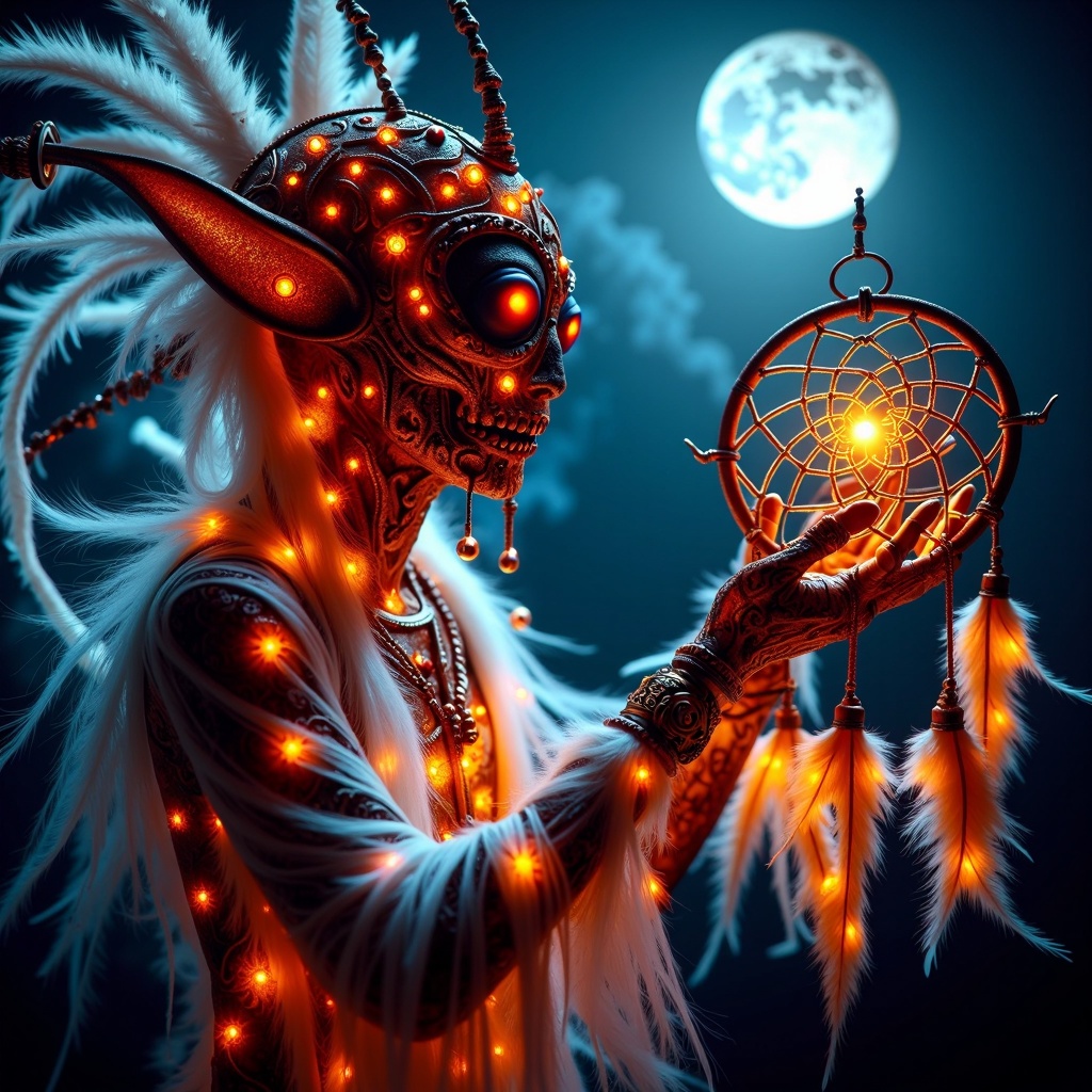 HalloweenGlowStyle orange themed Futuristic alien entity,  mysterious being,  ancient astronaut on Tensor.Art