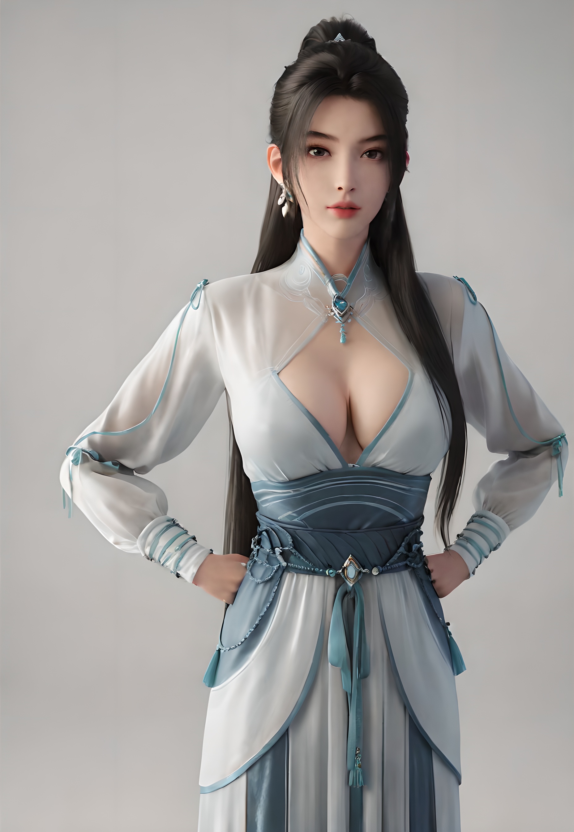 score_9,score_8_up,score_7_up,incredibly absurdres,<lora:SF_NingYao_Pony-000005:0.7>,1girl,solo,dress,large breasts,lips,jewelry,earring,long hair,looking at viewer,white background,full_shot,
